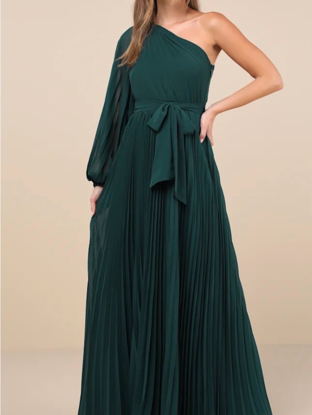 Divine Charm Green Pleated One-Shoulder Maxi Dress